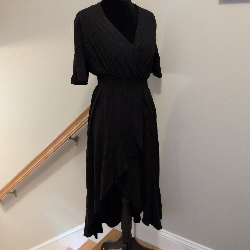 KorMei Black Smocked Waist High-Low Ruffle Hem Midi Dress V-Neck Regular Size M